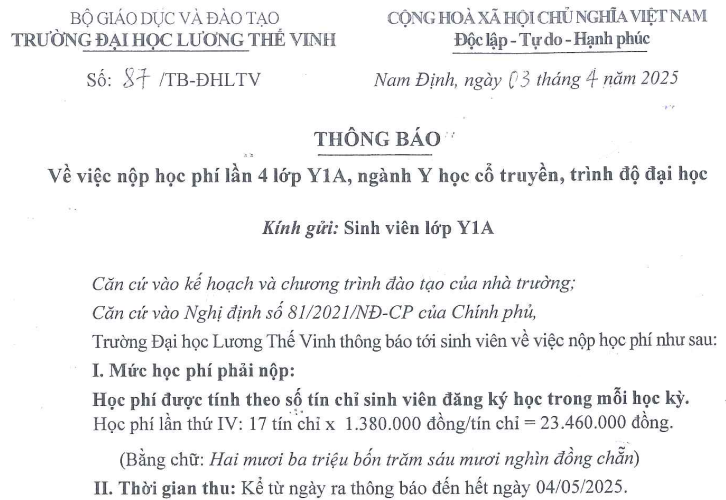 Thông báo về việc thu học phí lần thứ 4 - Ngành Y học cổ truyền - Lớp Y1A