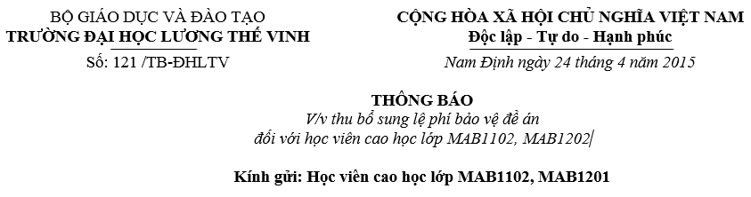 Thông báo về việc thu bổ sung lệ phí bảo vệ đề án đối với học viên cao học lớp MAB1102, MAB1201