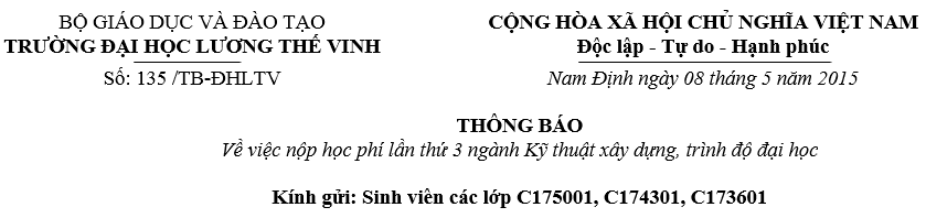 Thông báo về việc nộp học phí lần thứ 3 ngành Kỹ thuật xây dựng, trình độ đại học các lớp K17