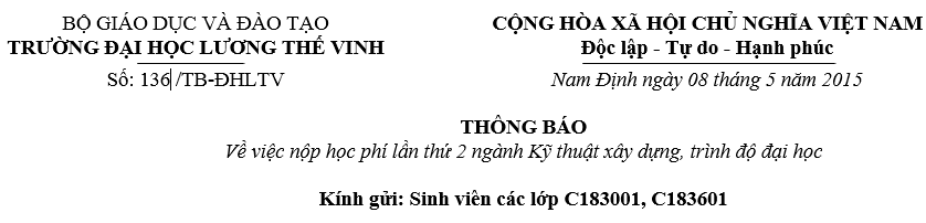 Thông báo về việc nộp học phí lần thứ 2 ngành Kỹ thuật xây dựng, trình độ đại học các lớp K18