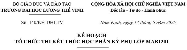 Thông báo về Kế hoạch tổ chức thi kết thúc học phần kỳ phụ lớp cao học MAB1301, trình độ Thạc sĩ