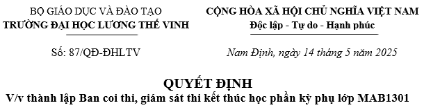 Thông báo về việc thành lập Ban coi thi, giám sát thi kết thúc học phần kỳ phụ lớp MAB1301, trình độ Thạc sĩ