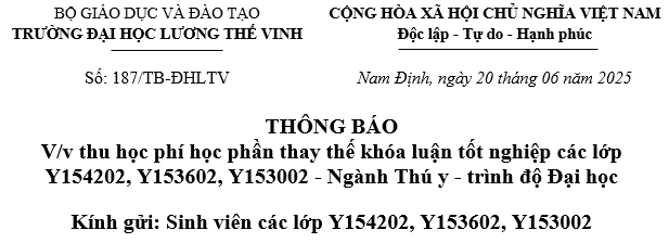 Thông báo về thu học phí học phần thay thế khóa luận tốt nghiệp các lớp Thú y K15.02