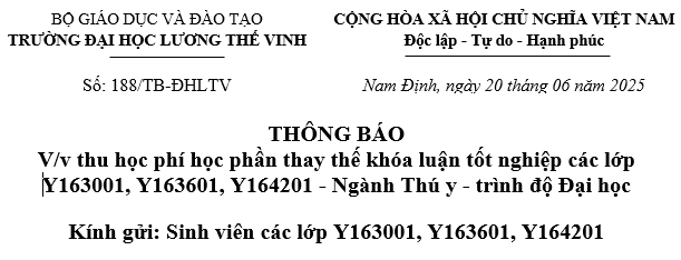 Thông báo về thu học phí học phần thay thế khóa luận tốt nghiệp các lớp Thú y K16.01