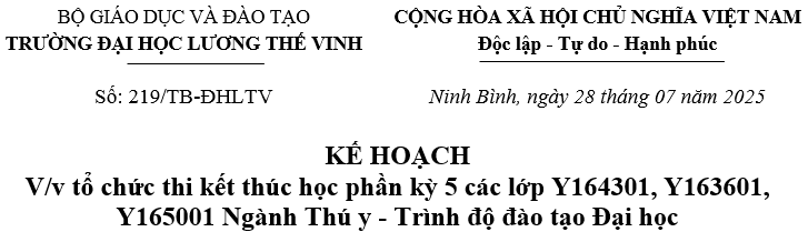 Thông báo về tổ chức thi kết thúc học phần kỳ 5 các lớp Y164301, Y163601, Y165001 Ngành Thú y - Trình độ đào tạo Đại học