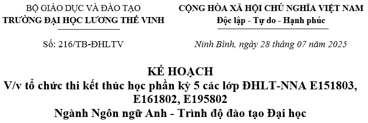 Thông báo về tổ chức thi kết thúc học phần kỳ 5 các lớp ĐHLT-NNA E151803, E161802, E195802 Ngành Ngôn ngữ Anh - Trình độ đào tạo Đại học