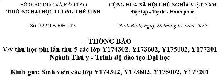 Thông báo về thu học phí lần thứ 5 các lớp Y174302, Y173602, Y175002, Y177201 ngành Thú y, trình độ đào tạo đại học