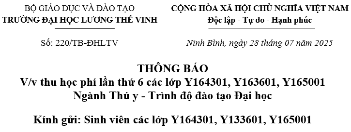 Thông báo về thu học phí lần thứ 6 các lớp Y164301, Y163601, Y165001 ngành Thú y, trình độ đào tạo đại học