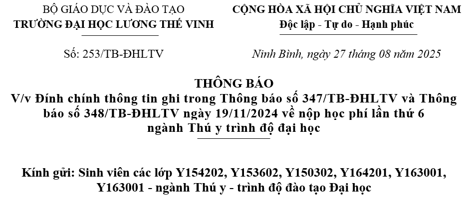 Thông báo đính chính thông tin trong Thông báo thu học phí lần thứ 6 các lớp trình độ đại học ngành thú y