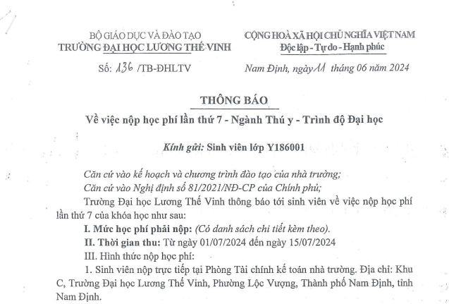 Thông báo về việc thu học phí lần thứ 7 - Ngành Thú y - Lớp Y186001