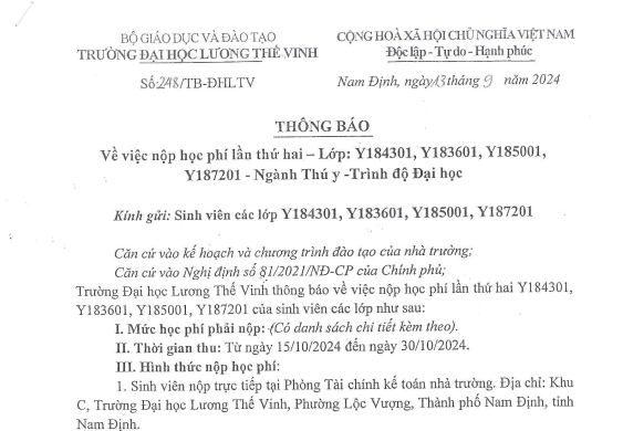 Thông báo về việc nộp học phí lần thứ hai - Lớp Y184301, Y183601, Y185001, Y187201