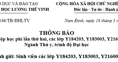 Thông báo về việc Nộp học phí lần thứ hai các lớp Y184203, Y183003, Y216001, ngành Thú y, trình độ Đại học