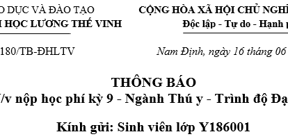 Thông báo về nộp học phí lần thứ 9 - Ngành Thú y - Trình độ Đại học