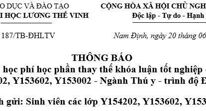 Thông báo về thu học phí học phần thay thế khóa luận tốt nghiệp các lớp Thú y K15.02