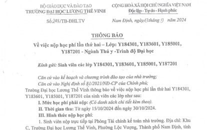 Thông báo về việc nộp học phí lần thứ hai - Lớp Y184301, Y183601, Y185001, Y187201