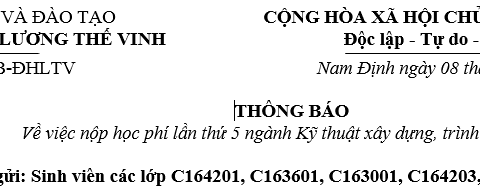 Thông báo về việc nộp học phí lần thứ 5 ngành Kỹ thuật xây dựng, trình độ đại học các lớp K16