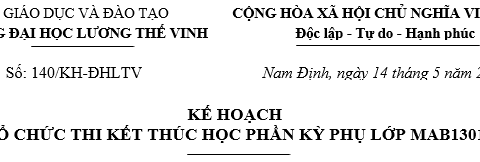 Thông báo về Kế hoạch tổ chức thi kết thúc học phần kỳ phụ lớp cao học MAB1301, trình độ Thạc sĩ
