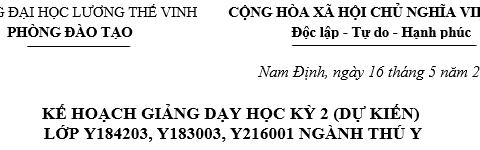 Thông báo về Kế hoạch Giảng dạy và học tập học kỳ 2 các lớp Y184203, Y183003, Y216001 Ngành Thú y, trình độ Đại học