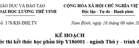 Thông báo về Kế hoạch thi kết thúc học phần học kỳ 8 lớp Y186001 ngành Thú y, trình độ Đại học