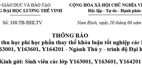 Thông báo về thu học phí học phần thay thế khóa luận tốt nghiệp các lớp Thú y K16.01