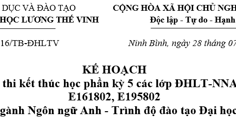Thông báo về tổ chức thi kết thúc học phần kỳ 5 các lớp ĐHLT-NNA E151803, E161802, E195802 Ngành Ngôn ngữ Anh - Trình độ đào tạo Đại học