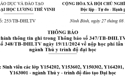 Thông báo đính chính thông tin trong Thông báo thu học phí lần thứ 6 các lớp trình độ đại học ngành thú y