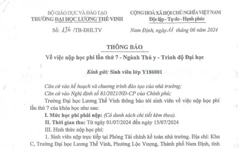 Thông báo về việc thu học phí lần thứ 7 - Ngành Thú y - Lớp Y186001