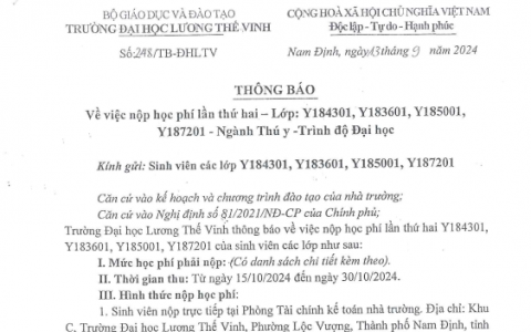 Thông báo về việc nộp học phí lần thứ hai - Lớp Y184301, Y183601, Y185001, Y187201