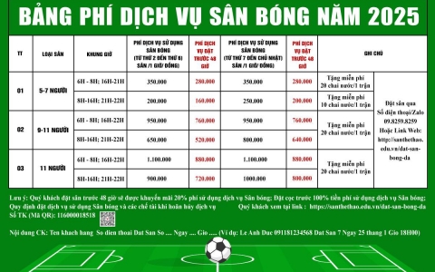 Bảng phí dịch vụ thuê sân bóng đá cỏ nhân tạo Trường Đại học Lương Thế Vinh năm 2025